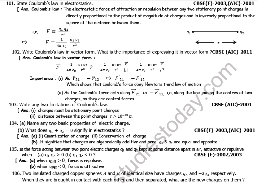 CBSE Class 12 Physics Electrostatics Boards Questions Worksheet